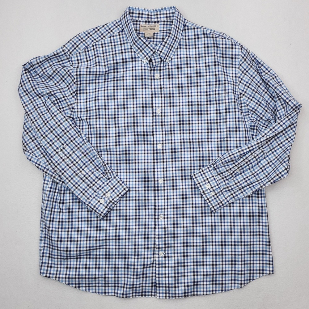 Duluth Trading Shirt Mens 2XL Blue Check WrinkleFighter Button Down Long Sleeve